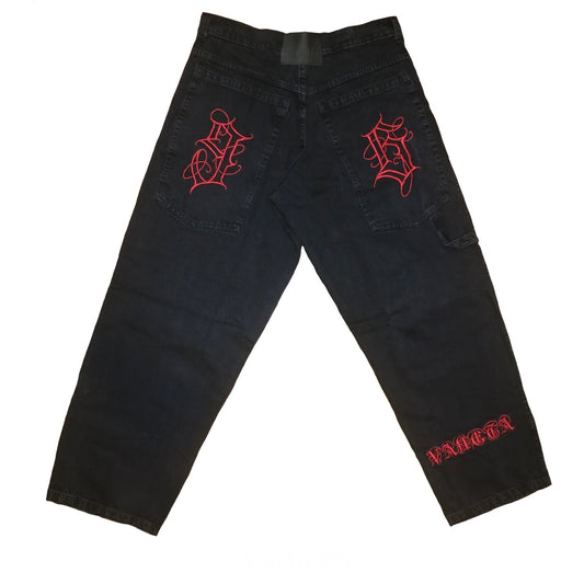 Red Embroidered Black Denim